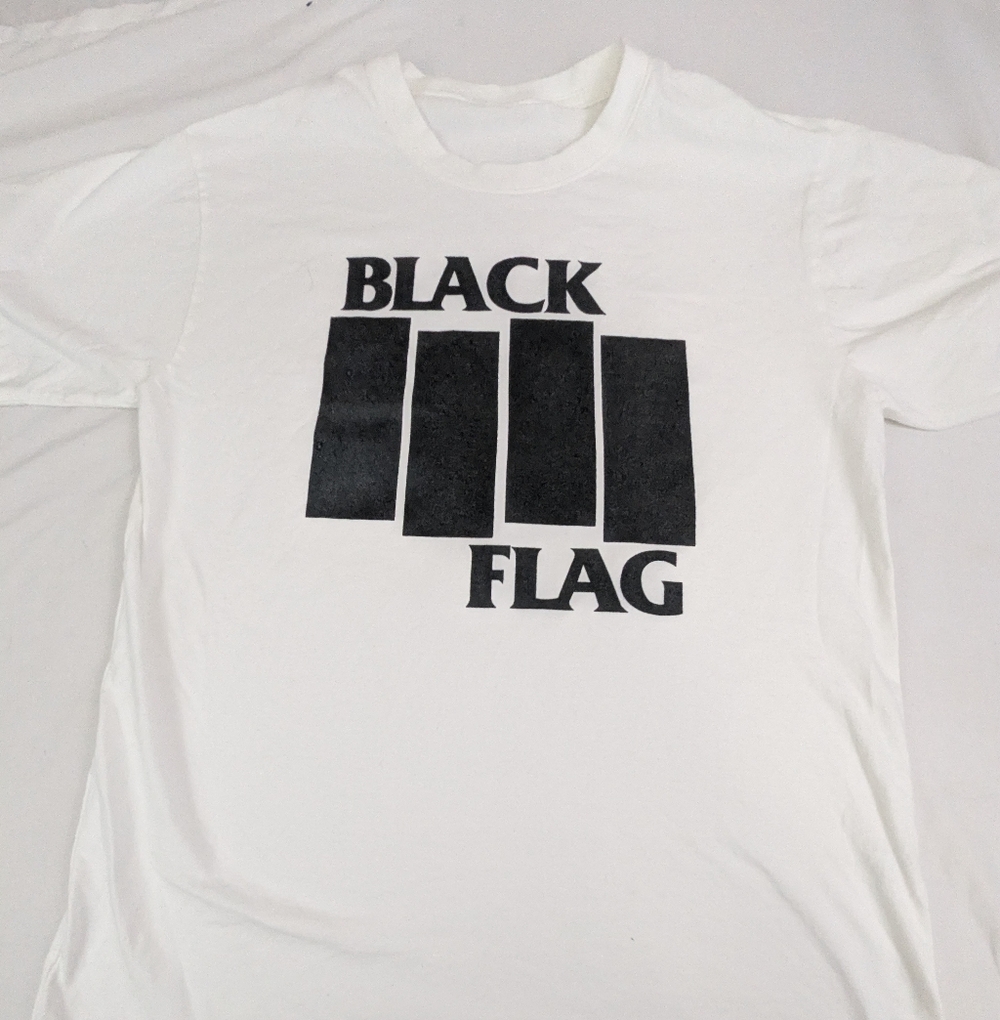Black Flag Band Merch White Tee Shirt With Black Band Logo On Front Size Small